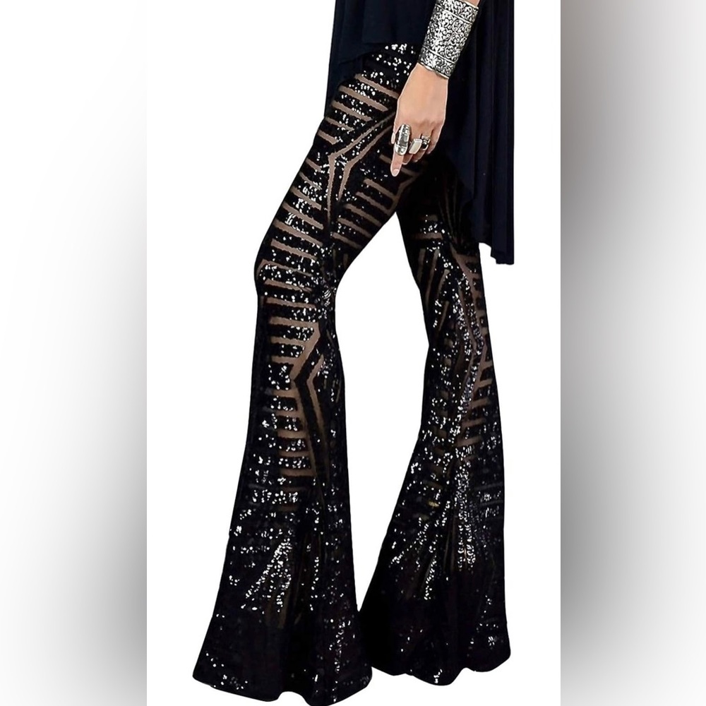 Sequin Pants for Women • High-Waist Bell Bottoms • Wide Leg • Palazzo • Flared